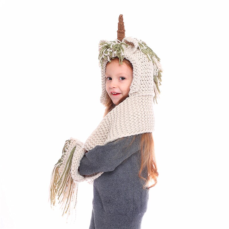 Ianlan söta unicorn hattar halsdukar små flickor vinter djur stil keps ljuddämpare med tofsar och fickor 2-12 år gammal  il00180