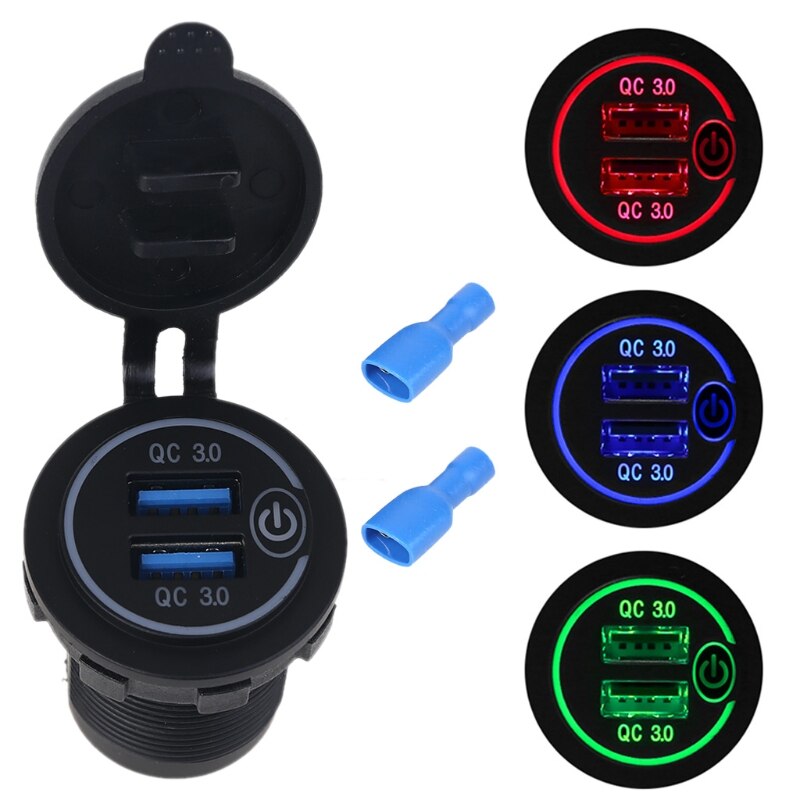 Carregador automotivo usb, adaptador à prova d'água, 12v, 24v, dual, qc3.0, com interruptor touch liga/desliga, luz led para telefone móvel, gps, caminhão, suv, barco, ônibus