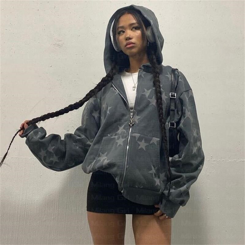 Sweat à capuche zippé à manches longues pour hommes et femmes, veste surdimensionnée, pull Emo, streetwear Y2K, vintage, graphique star, fée grunge