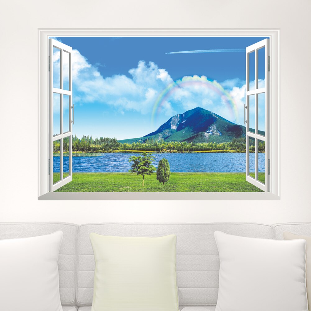3D Window Forest Landscape in Four Seasons 3D Wall Sticker Green Tree Removable Wallpaper Home Decal Home Decor