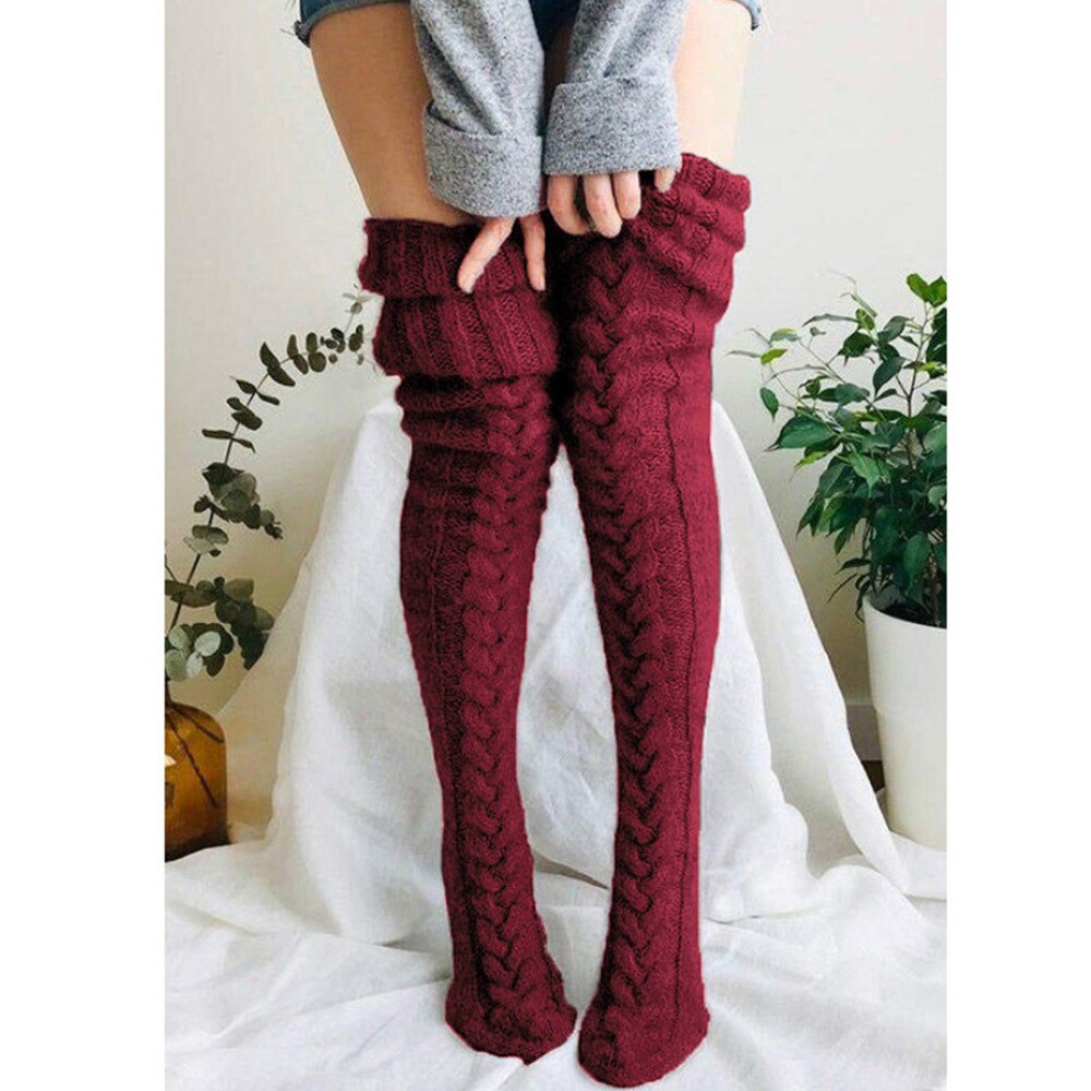 Wełniany ogrzewacz do stóp pończochy jesienne i zimowe jednokolorowe podkolanówki pończochy stos pończochy grube skarpetki damskie Legwarmers: DeepRed / L(105 CM)