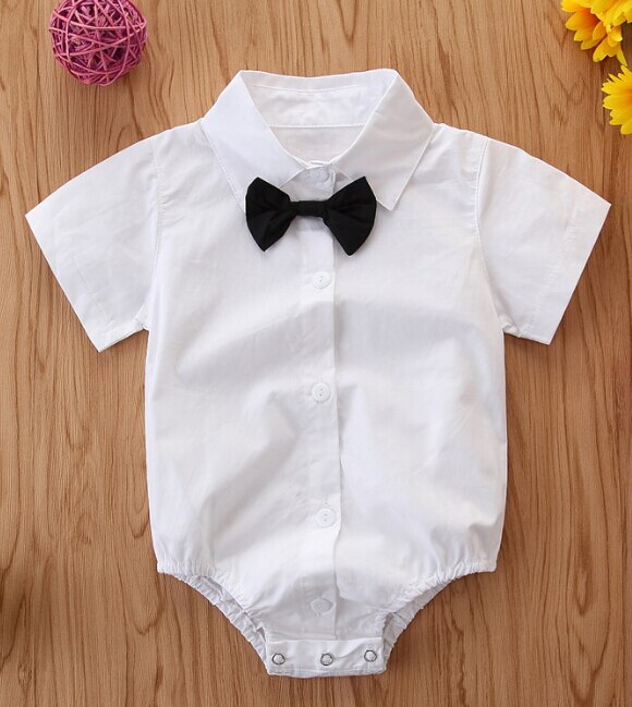 Pasgeboren Baby Jongens Outfits Jumpsuit Zomer Kleding Gentleman Strik Tie Bodysuit Lange Mouwen Kleding: Short sleeve white / 12m