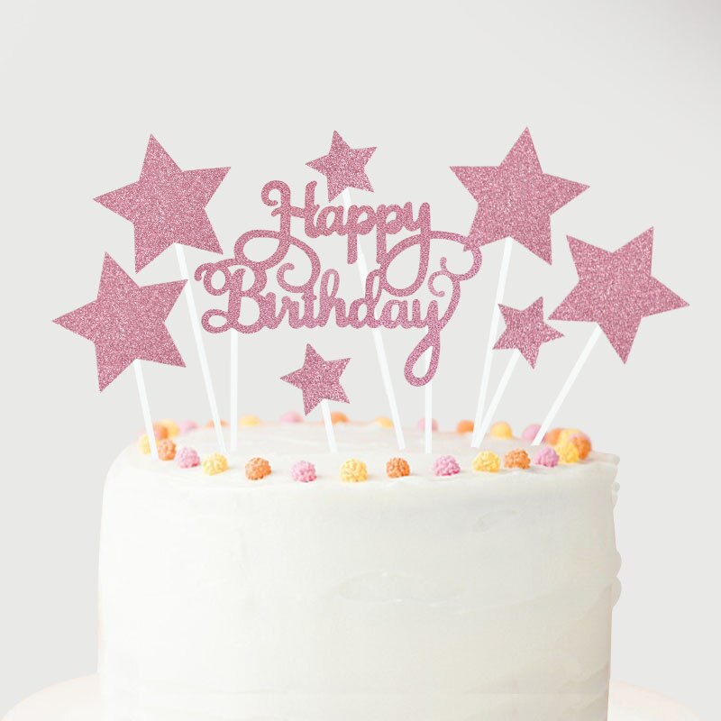 1 sæt tillykke med fødselsdagen kage topper rosa guld sølv stjerne ballon kage topper til voksne børn fødselsdagsfest dessert diy dekorationer: B05