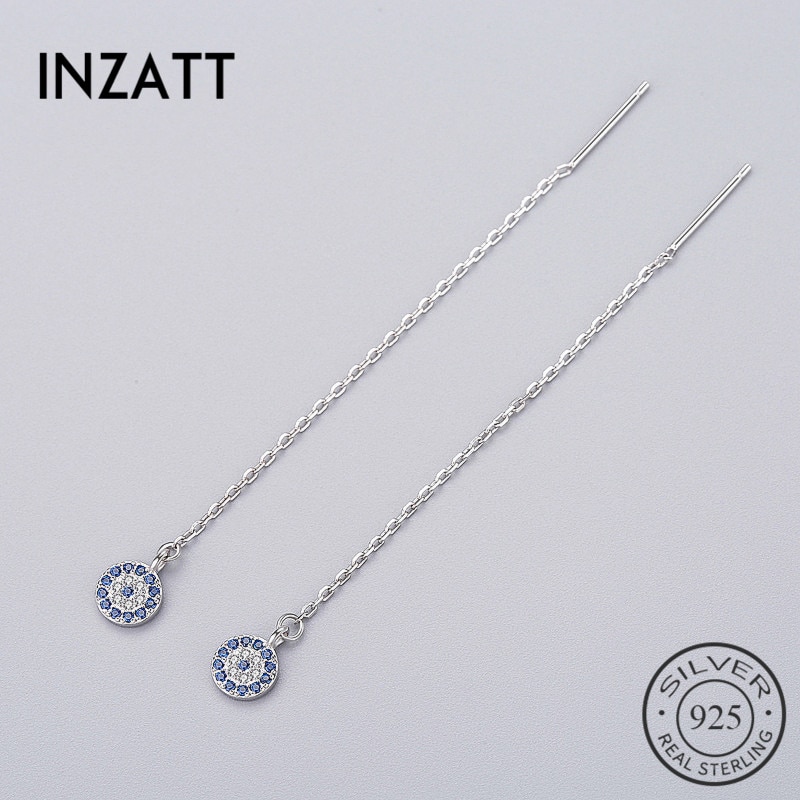 INZATT Bohemia Geometric Round Blue Zircon Dangle Earrings Long Chain Tassel Charm Women Wedding Jewelry