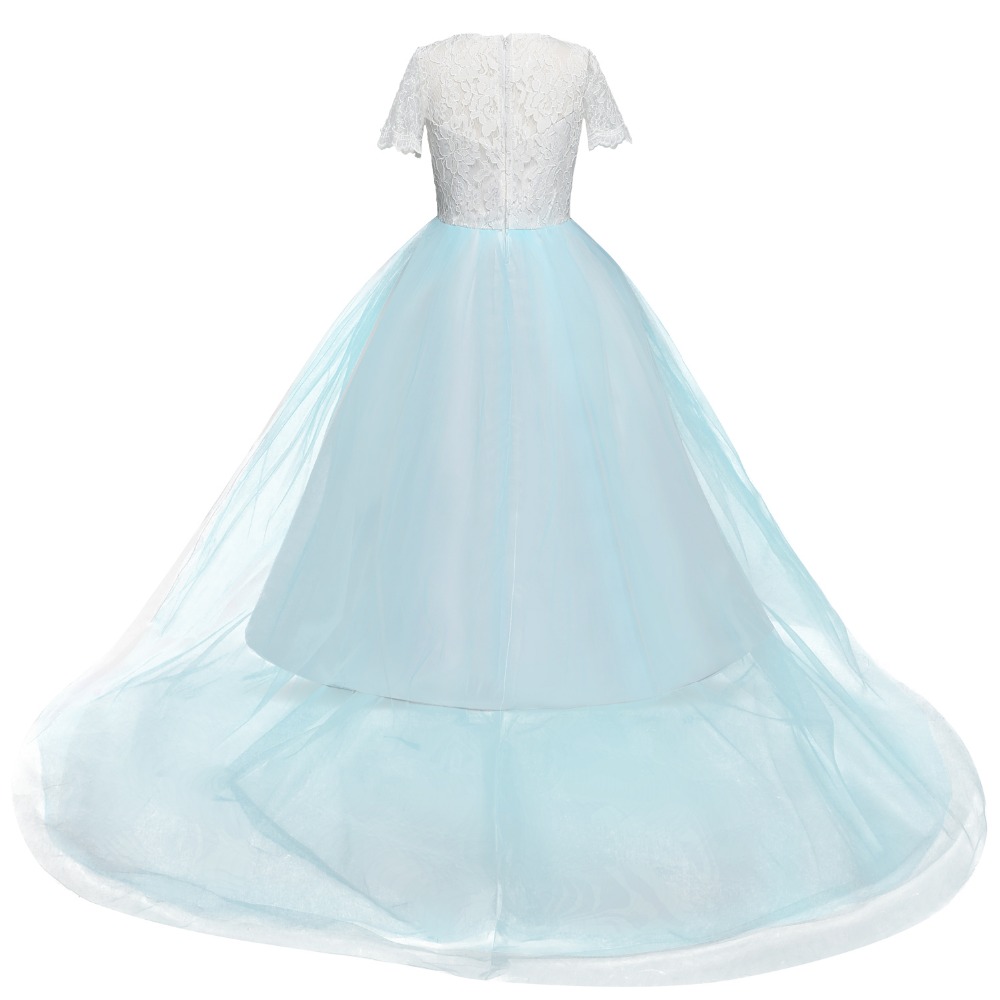Longueur de plancher princesse lumière bleu ciel dentelle robes de fille de fleur appliques filles robe de reconstitution historique robes de première Communion