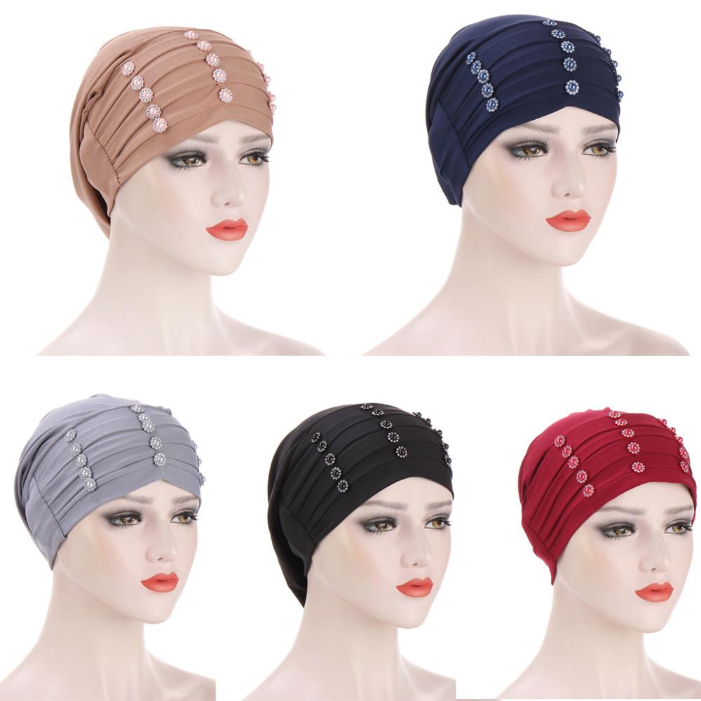 Vrouwen hoofddoek tulband mutsen parels hijab muts rekbare binnen hijabs moslim hoofddoek hoed vrouwelijke onderdoek mutsen