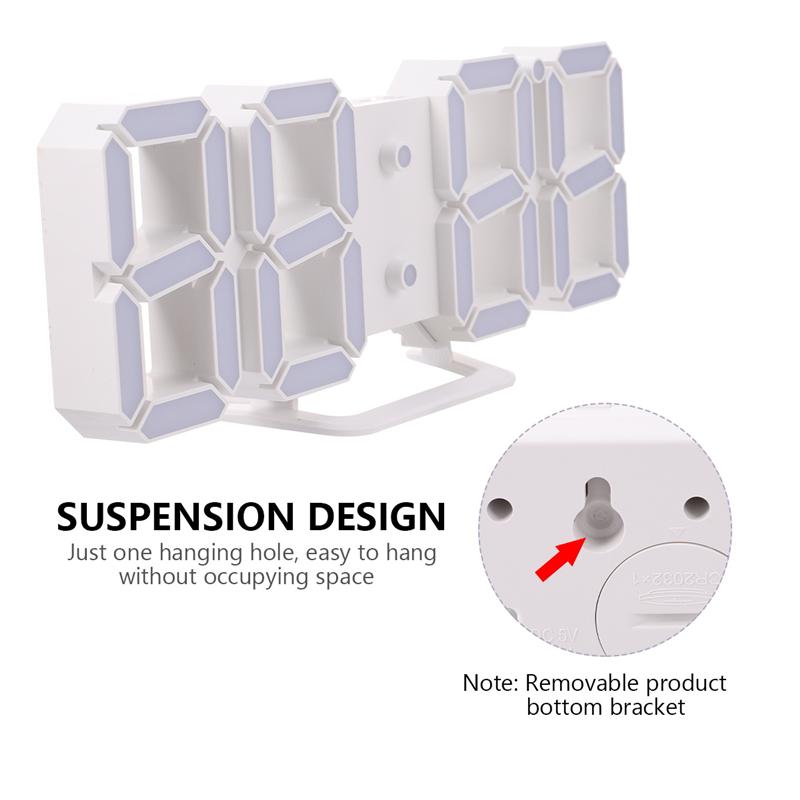 3D LED Digital Clock Wall Desk Alarm Clock USB Charging Clock for Home Office (White, Red Numbers)