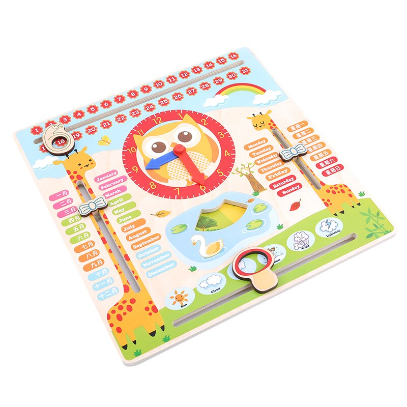 Houten speelgoed voor kinderen, vroege leerontwikkeling, multifunctionele houten hangklok met kalender, klok, maand, weer: Default Title