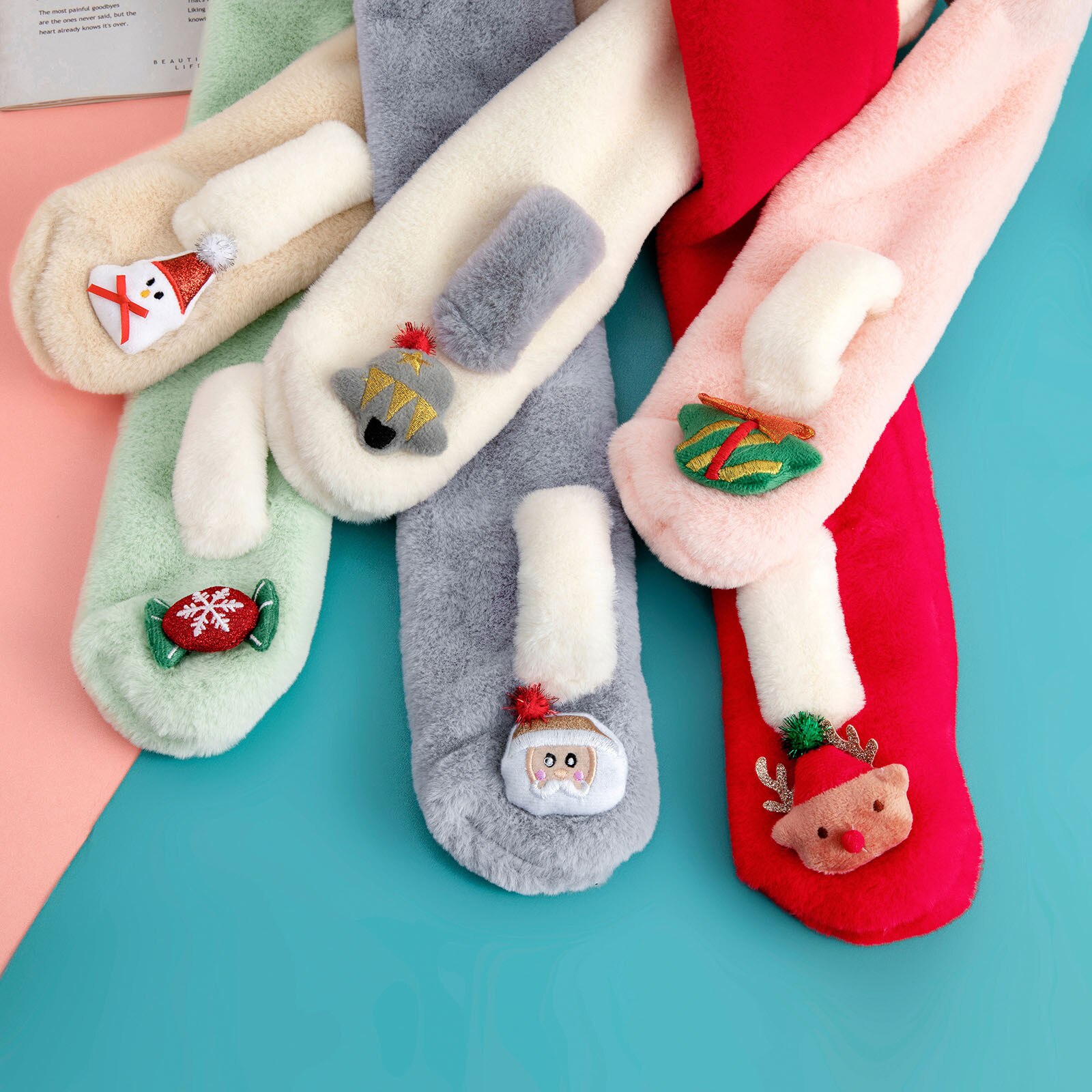 Christmas Cartoon Plush Scarf for Children Scarves Winter Cartoon Embroidery Scarf Boys Girls Xmas