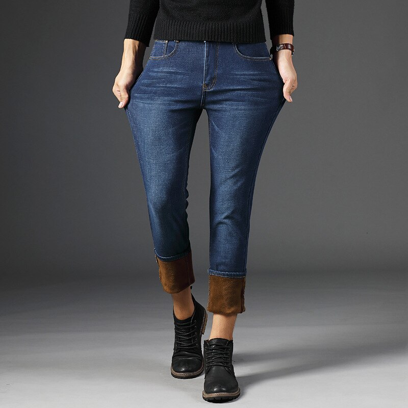 Mænd vinterjeans mænd sort/blå slim fit stretch tykke fløjlsbukser varme jeans afslappede fleecebukser herre plus str.