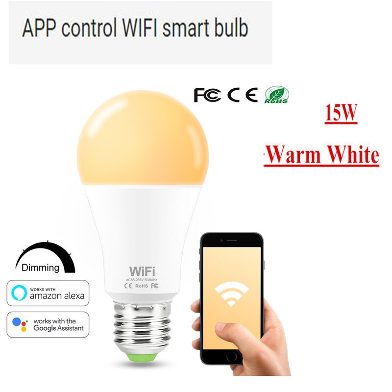 Ampoule intelligente rvb 15W E27 lampe à LED, commande par application Bluetooth, commande à distance IR, 5W, 10W, rgbw ww, 85-265V, pour la maison: Wifi WW 15W