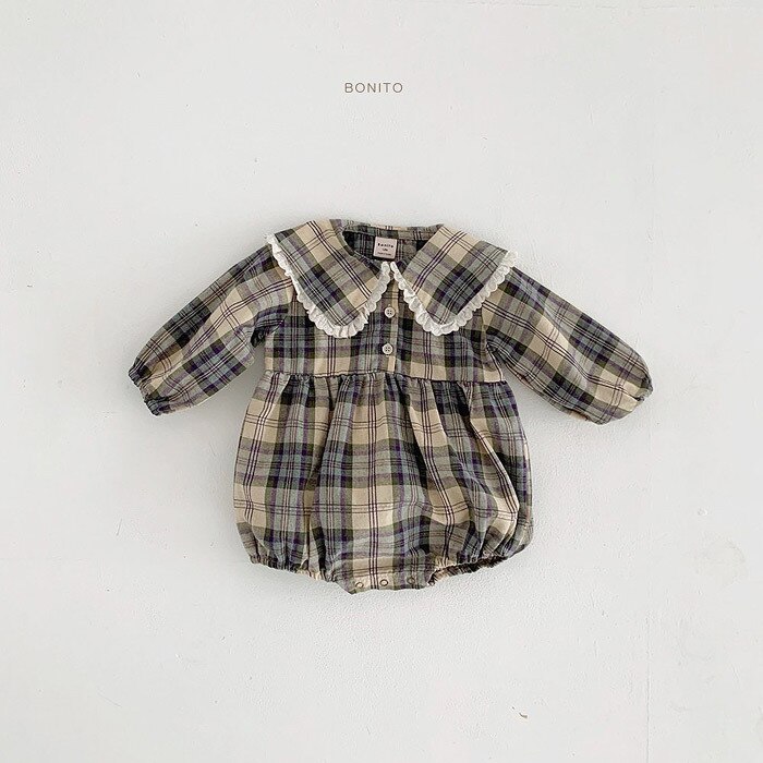 Herfst Baby Meisje Bodysuit Ruches Prinses Vintage Lange Mouwen Plaid Jumpsuit Baby Boy Kleding Kids Kleding: 7805green / 9m