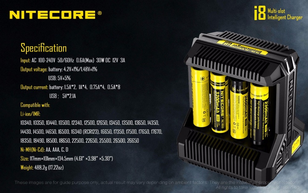 Nitecore  i8 älykäs laturi 8 paikkaa yhteensä 4a ulostuloa älylaturi imr:lle 18650 16340 10440 aa aaa 14500 26650 ja usb-laitteelle