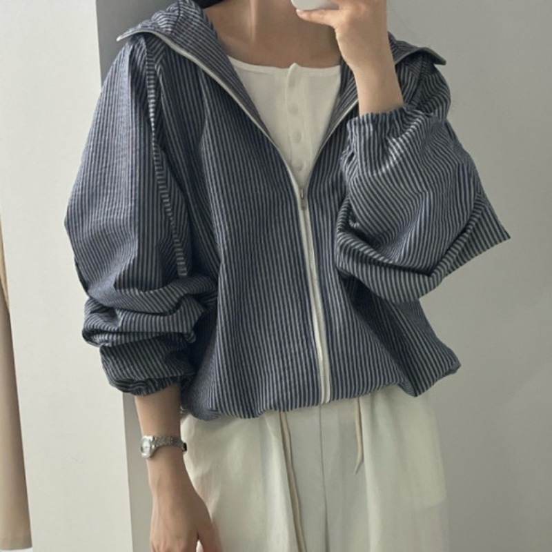 Koreanischen Stil Streifen Chaqueta Mujer Mit Kapuze Jaqueta Feminina Reißverschluss Casaco Sonnenschutz Jacken 2025, Frau Frühling Sommer Ropa: Blau