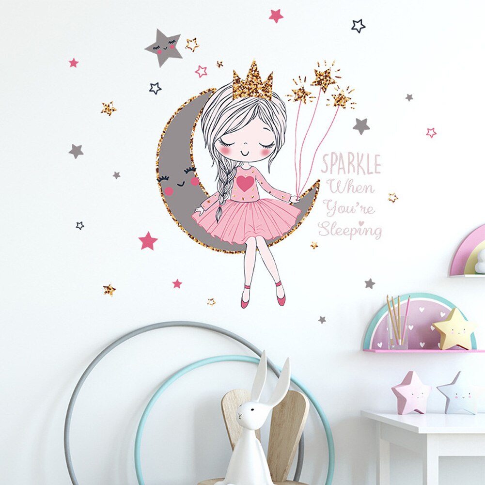 Prinsesse på månen wallsticker pigeværelse soveværelse indretning tapet stue til boligindretning smukke tegnefilm klistermærker