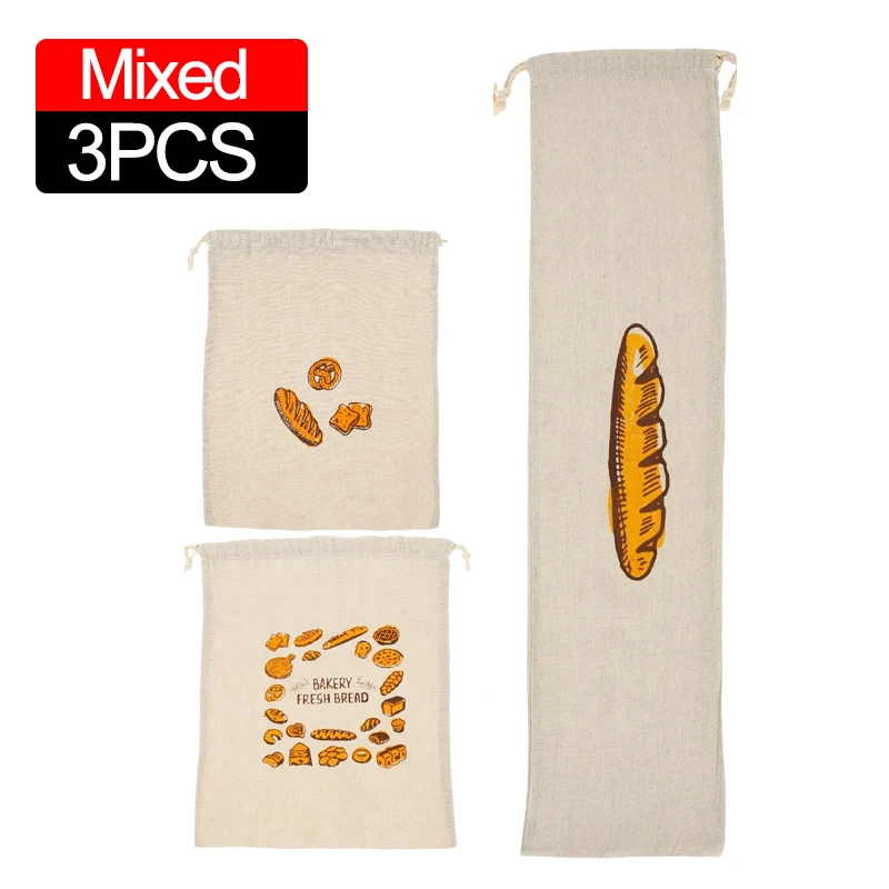 3/1Pcs Linen Bread Bags Large Capacity Drawstring Bread Storage Bags Washable Reusable Loaf Bags for Pastries Baguette Organizer: Beige