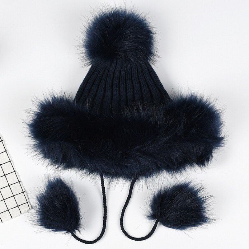 HT2105 Big Fur Pompom Ball Winter Hats for Women Russian Ushanka Hat Thick Warm Fur Hat Earflap Ski Cap Women Knitted Hat