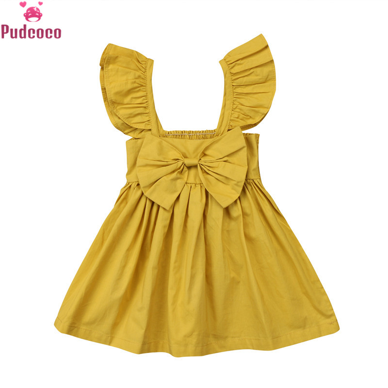 2 färger enfärgad gul rosa söt volanger klänning bebis flicka kläder nyfödda barn ärmlösa pilbågar sommar princess klänningar outfits