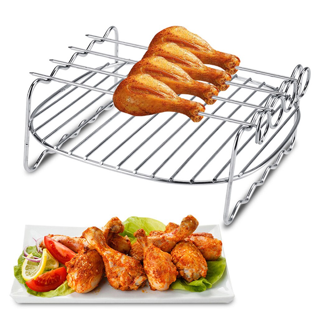 Justdolife 7Inch Air Fryer Rack Set Versatile Grilling Rack Double Layer Rack With Skewers Steaming Drain Oil Holder For Kitchen