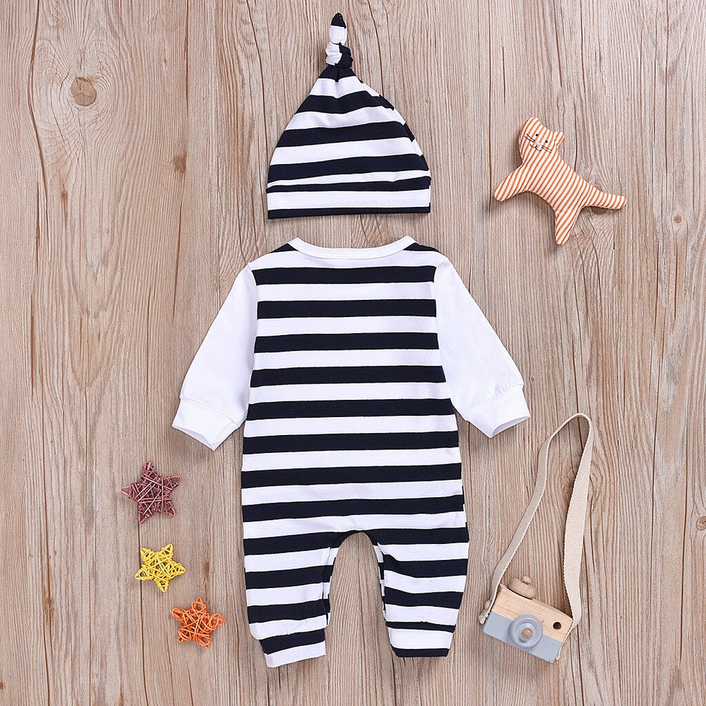 Pasgeboren Baby Gestreepte Patchwork Romper Baby Jongens Meisjes Lange Mouwen Cartoon Olifant Print Jumpsuit + Hoed Комбинезон Для Малышей