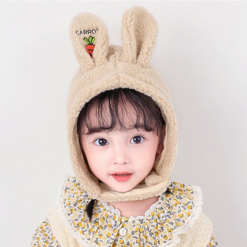 Cappello da ragazza cartone animato orecchie di coniglio capelli di agnello 3-10 anni cuffia per bambini protezione del viso cappello antivento