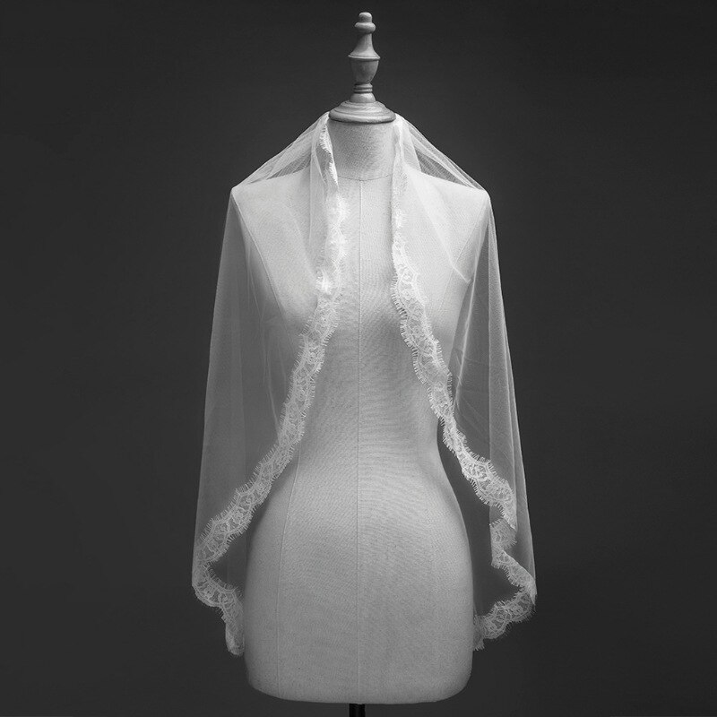 Short Wedding Veils White Ivory One Layer With Comb Lace Flower Edge Appliques Bridal Veil Weeding Accessoire voile de mariee