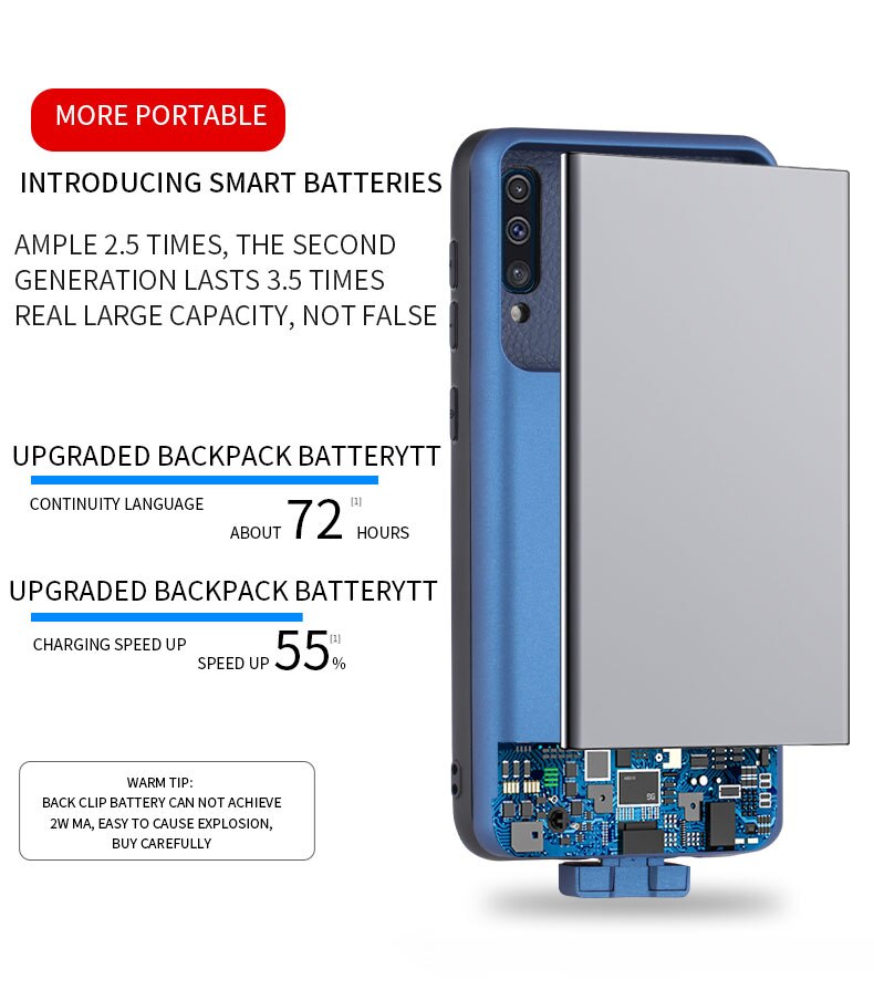 For samsung  a50 batteriladerveske 7000 mah ekstern backup strømbank støtsikkert ladedeksel for samsung  a50 batteri