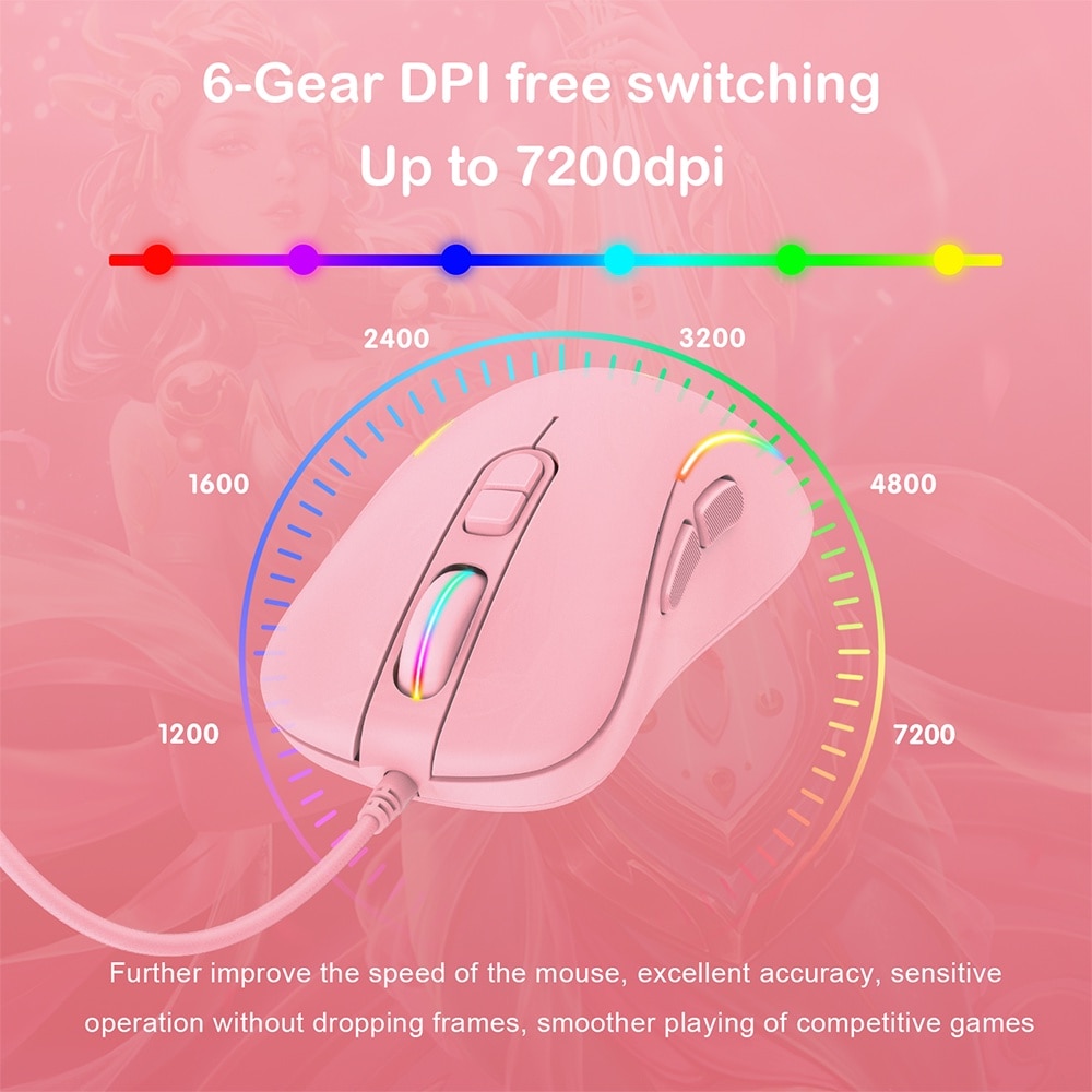 Onikuma CW907 Pink Cute RGB Wired Mechanical Gaming Mouse Mice Streamer Light Effect 6-speed DPI Gaming Mice
