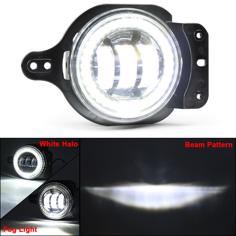 12V DC 30W LED Fog Lights with White halo Ring 1 Set Compatible with Jeep-Wrangler JL