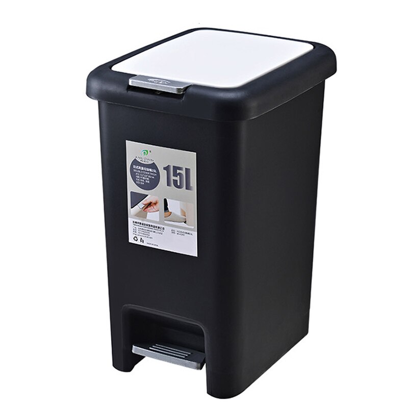 Fotpedal husholdnings søppelbøtte 10l/15l butikk størrelser kvadrat søppel plast trykk type oppbevaring bøtte søppel kjøkken arrangør: Svart 15l