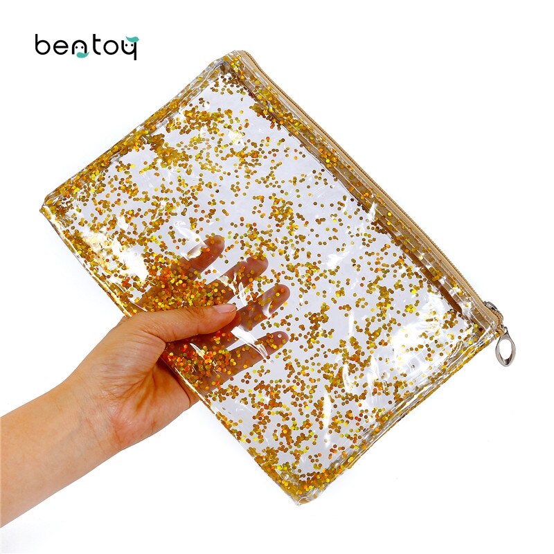 Transparent pvc-påse smink för kvinnor flyttade paljetter clutch handväska resor necessärer stor organisatör kosmetisk väska pennfodral: Gul