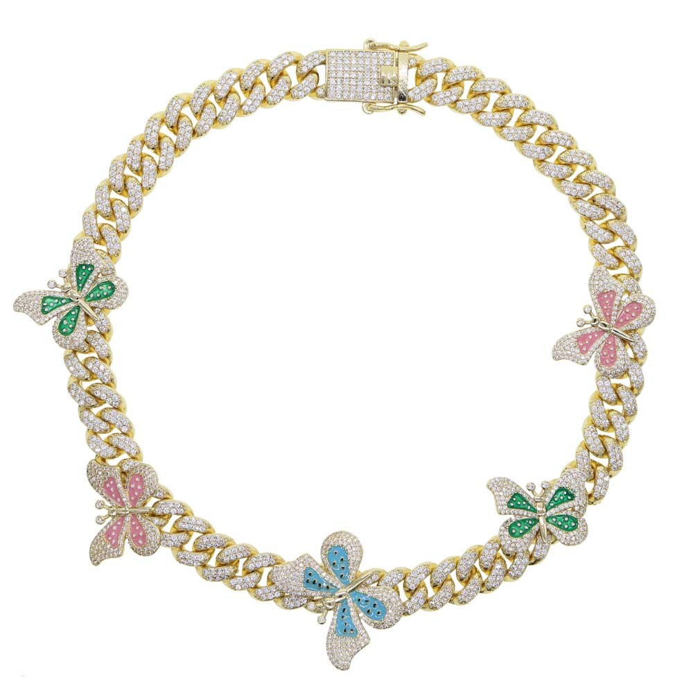 Multicolor Enamel CZ Butterfly Necklace 12mm Iced Out Bling CZ Miami Cuban Link Chain Butterfly Choker Hip hop Women Jewelry: gold rainbow / 46cm