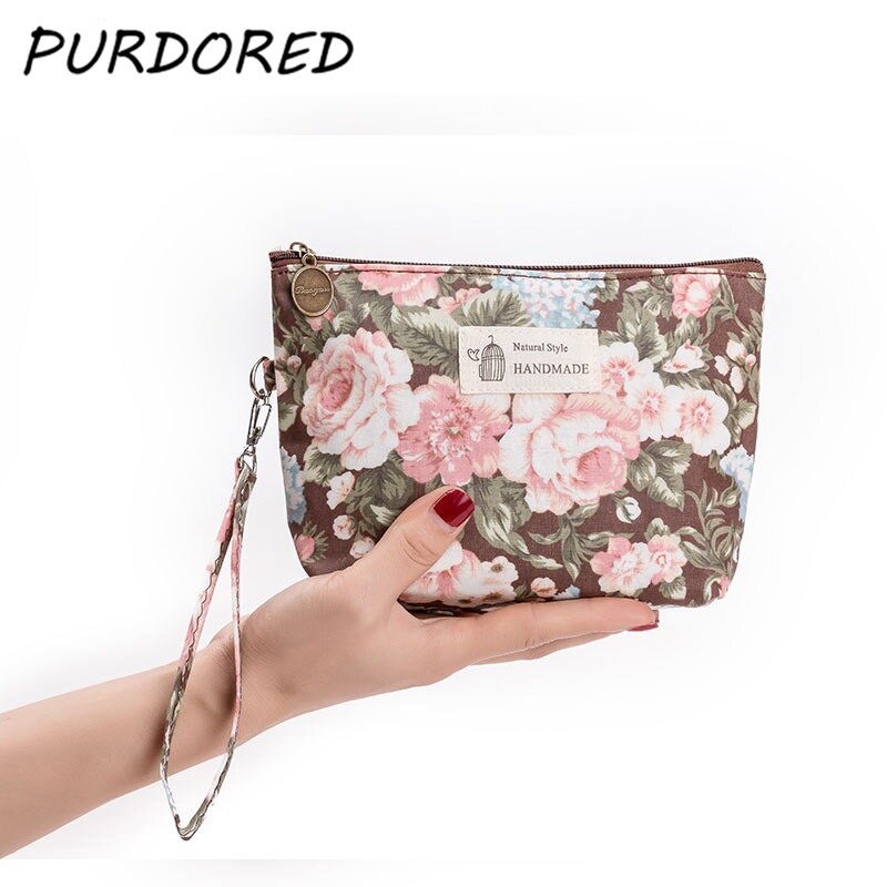 Bolsa de viaje para maquillaje PURDORED, 1 unidad, portátil, con estampado 3D de flores, bolsa de viaje para mujer, neceser de aseo personal, bolsa