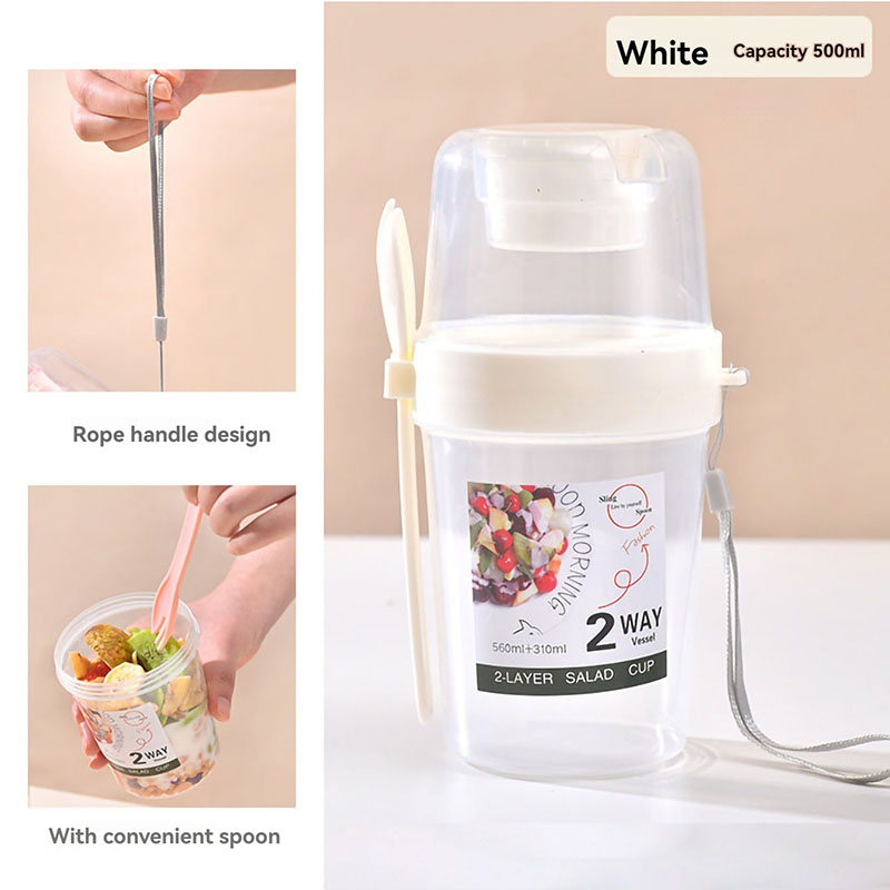 Portable Salad Cup Double Oatmeal Cup Yogurt Nut Fat-Reduced Vegetable Fruit Box Cup with Lid Spoon Breakfast Cup Lunch Box: grey