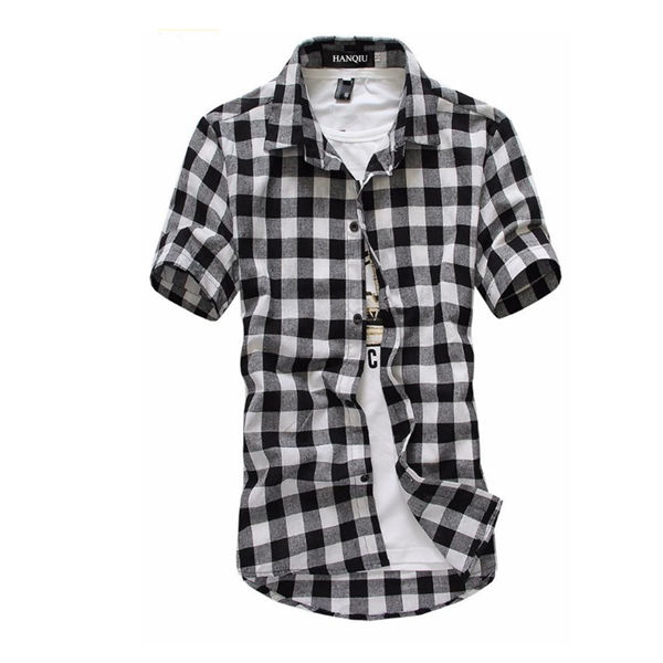 Rød og svart rutete skjorte herre skjorter sommer chemise homme mens rutete skjorter kortermet skjorte for menn bluse: Svart / L
