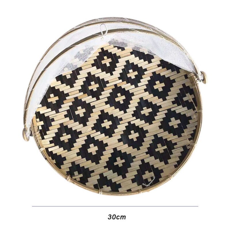 Hand-Woven Rectangular Bamboo Food Serving Tent Storage Basket Tray Mesh Storage Container With Gauze Cover Panier De Rangement: 1013A2