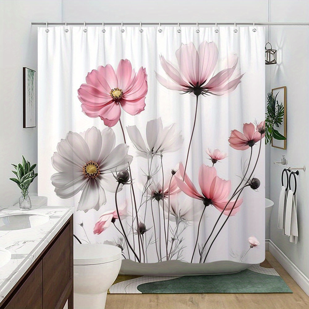 Charming Floral Shower Curtain for a Romantic and Inviting Bathroom, Featuring Delicate Pink and White Cosmos Flowers