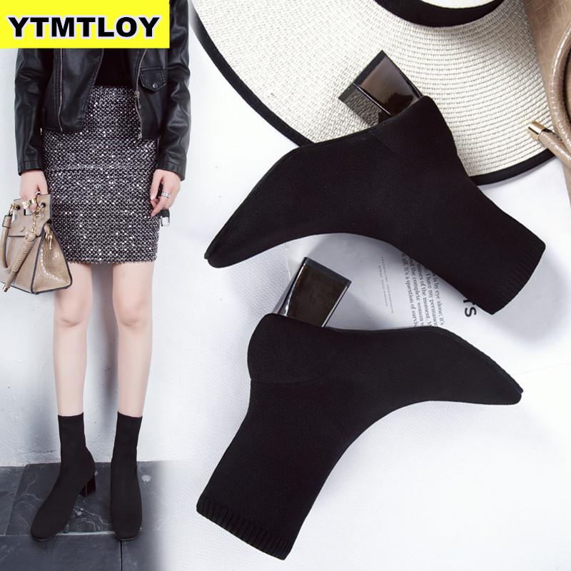 Kobiety czarne kostki skarpety buty 2019 moda wiosna jesień rozciągać masywne szpilki na wysokim obcasie szpiczasty buty z palcami zima Zapatos De Mujer