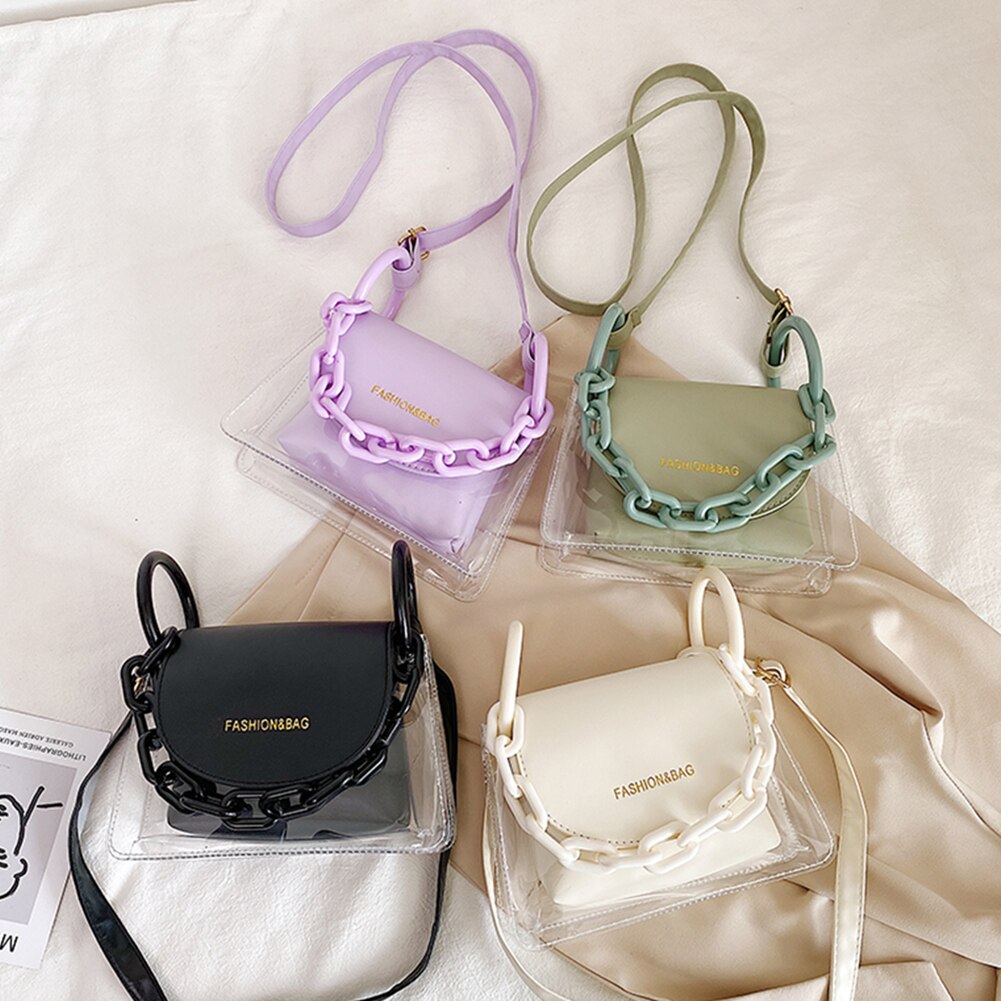 Transparent PVC Crossbody Bag Women PU Acrylic Chain Ladies Shoulder Messenger Flap Handbags