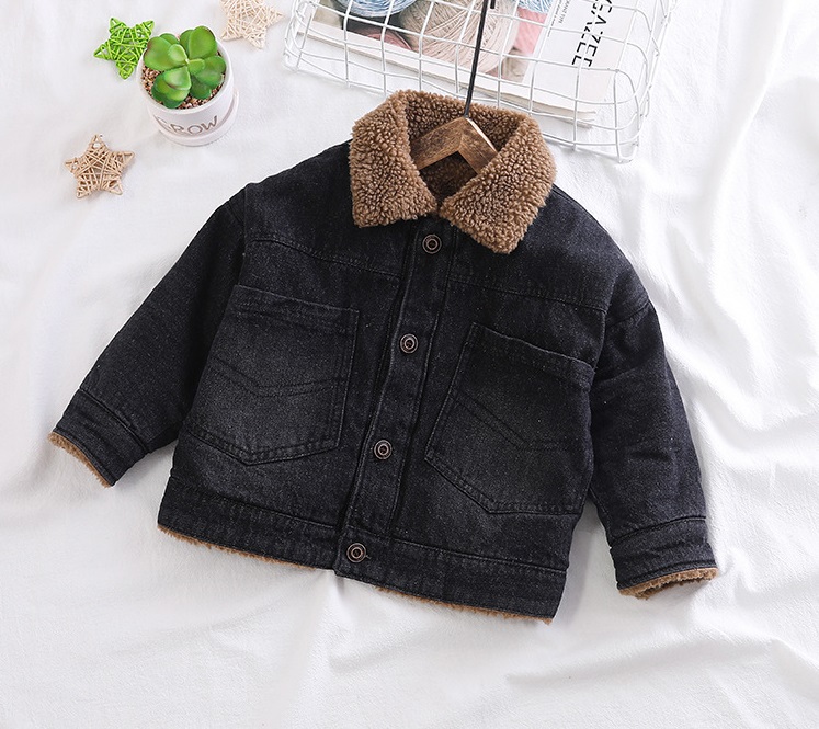 Winter Mode Jongens Denim Jas Pluche Jongens Denim Revers Top Jas: Black / 6T