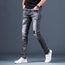 Jean gris déchiré de luxe léger pour hommes, jean de clochard à rayures et coutures, pantalon en Denim extensible de , jean de rue pour hommes