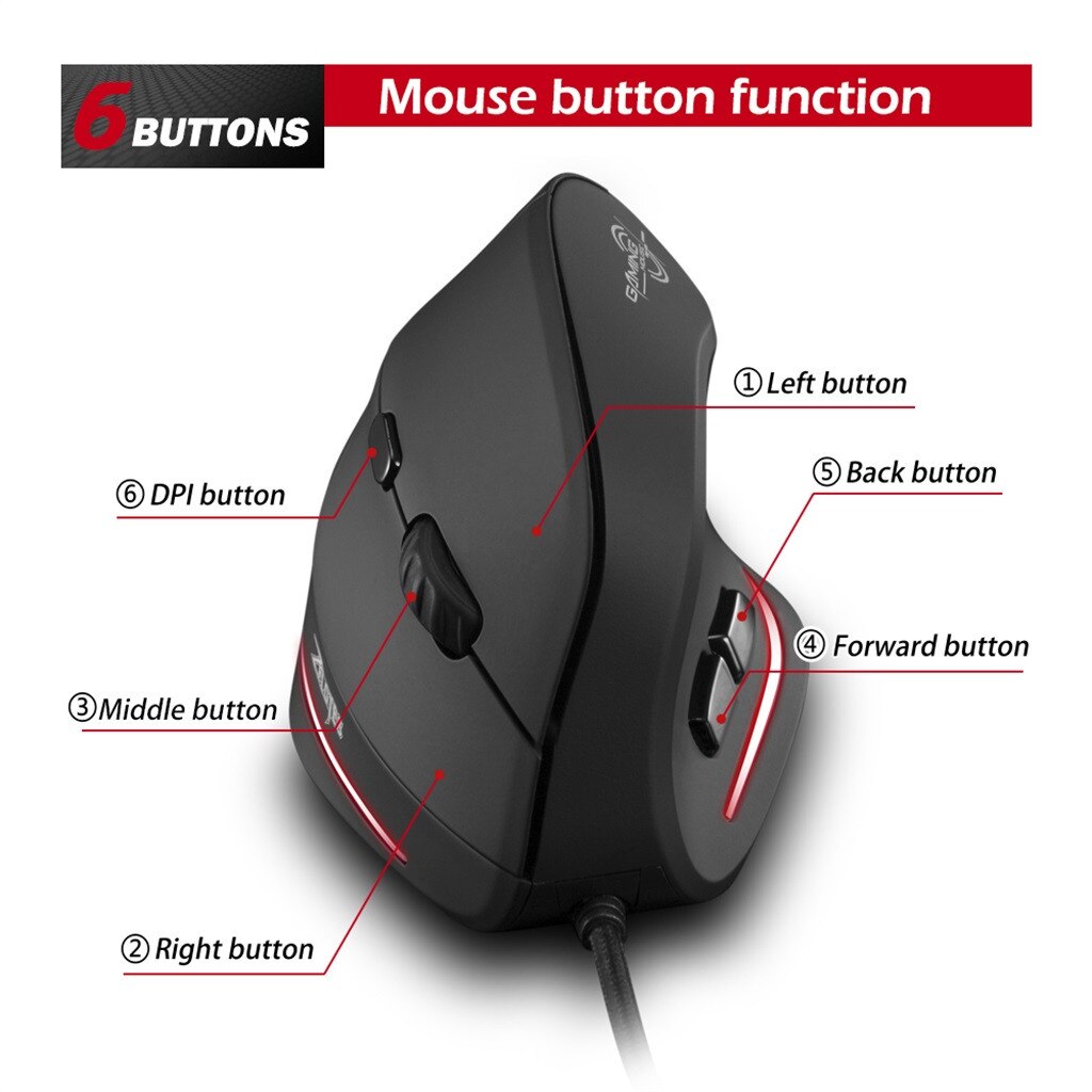 ZelotesT-20 Vertical Wired Game Programmable 6 Buttons LED Mouse Mice Low Noise Mouse Desktop Pc Gamer Laptop Silent Keys