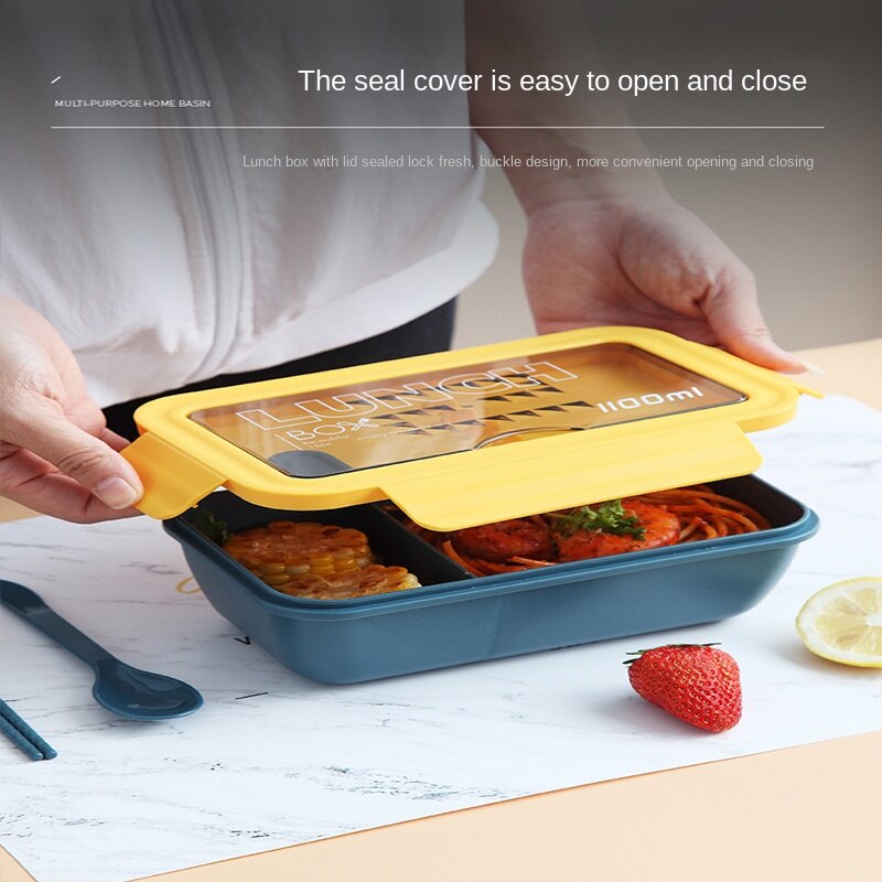 Fiambrera portátil para microondas de 1100ml, contenedor de comida de 2 capas, fiambrera saludable, fiambrera con cubiertos