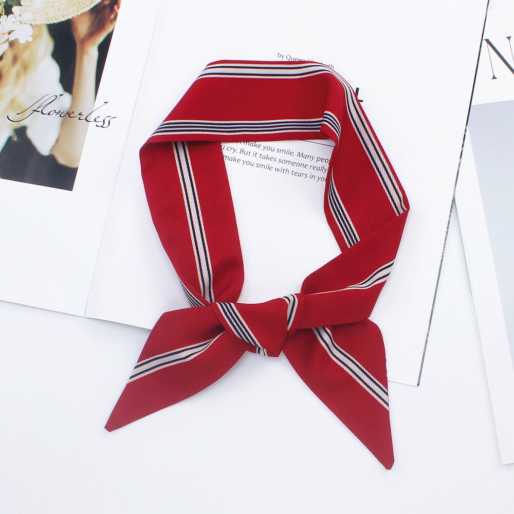 90cm*5cm Long Small Thin Stripe Print Skinny Scarf Luxury Brand Silk Scarf Women Bag Head Scarves For Ladies Tie: red