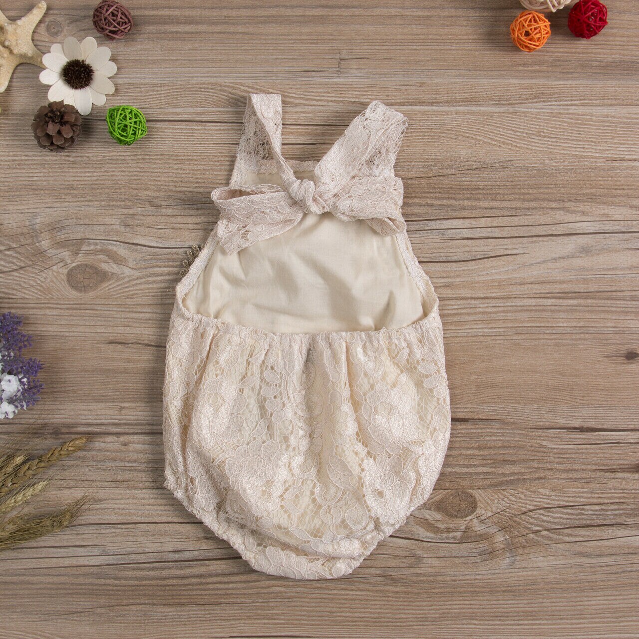 Solid Sleeveless Self Tie Straps Lace Romper for Baby Girl