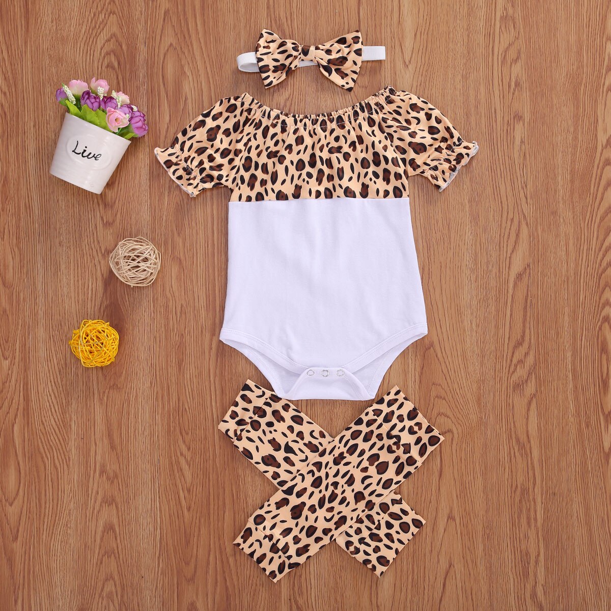 0-24m baby meisjes jongens bodysuits 3 stuks luipaardprint ruches korte mouwen jumpsuits beenwarmers hoofdband