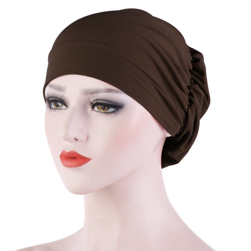 Vrouwen haaruitval sjaal elastisch dame kanker chemo pet moslim tulband hoed arab hoofddoek muts hoofddeksels skullies effen kleur: Donkere koffie