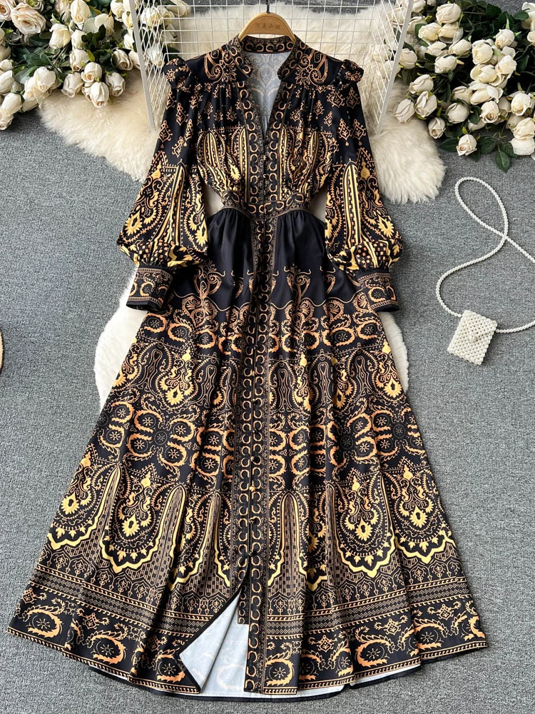 Hikigawa chic kvinder forårskjole med v-hals og pufærmer, vintageprint, feriekjoler til strand, midi-kjoler til kvinder