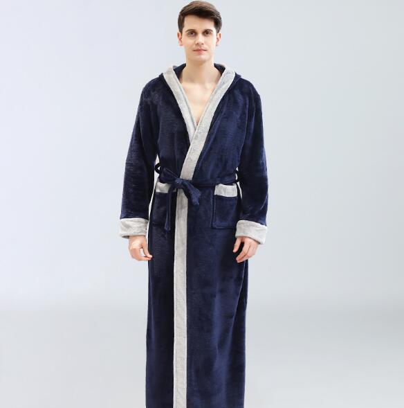 Mann badekåpe hette lang kimono menn badekåpe høst vinter nattøy kappe varm flanell #39 hjemmeklær bata hombre: Marinen / L