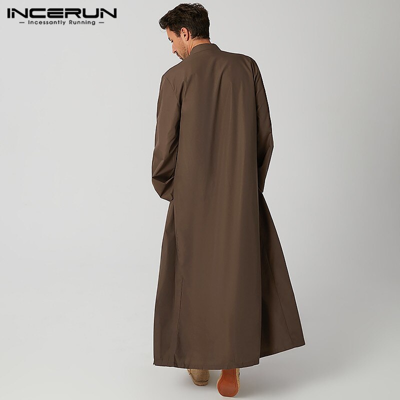 INCERUN Men Muslim Kaftan Islamic Arabic Jubba Thobe Long Sleeve Button Stand Collar Caftan Solid Color Middle East Dubai Robes